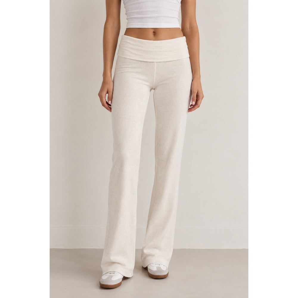 Aerie Fold-Over Waist Ribbed Knit Flare Lounge Pants Cream XS